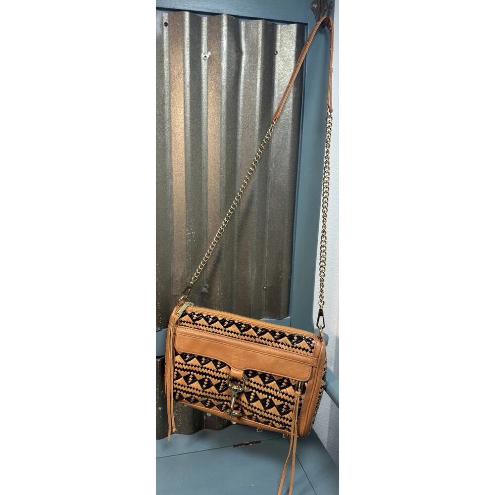 Rebecca Minkhoff MAC Woven Leather Crossbody Bag Purse Black Tan Brown Boho - Picture 2 of 10